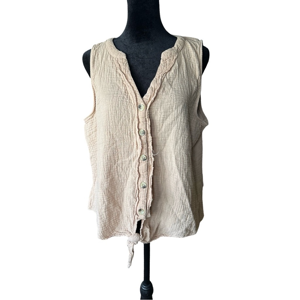 French Laundry Women's Lightweight Button-Front Cream Sleeveless Top YT3